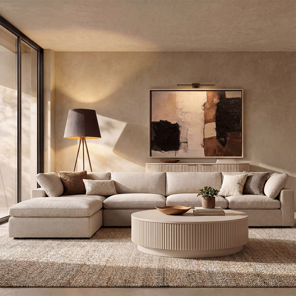 Sectional Modular Sofa in Beige with Curved Edges