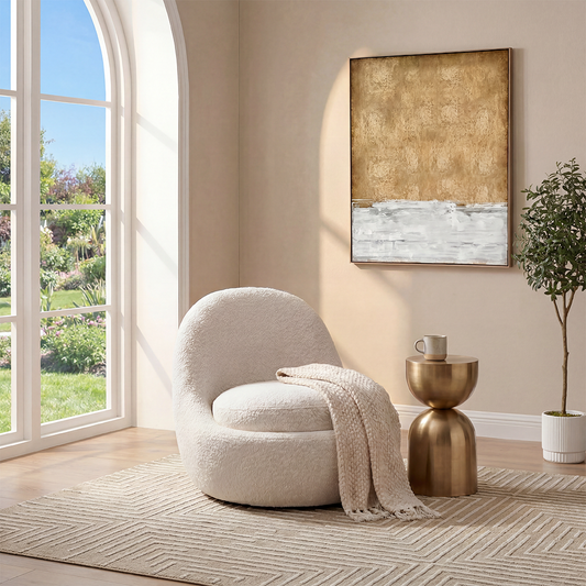 Swivel Lounge Chair in White Boucle with Curved Back