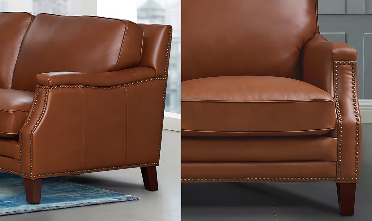 Camano 3 Seater 84" Leather Sofa With Nail-Head Finish