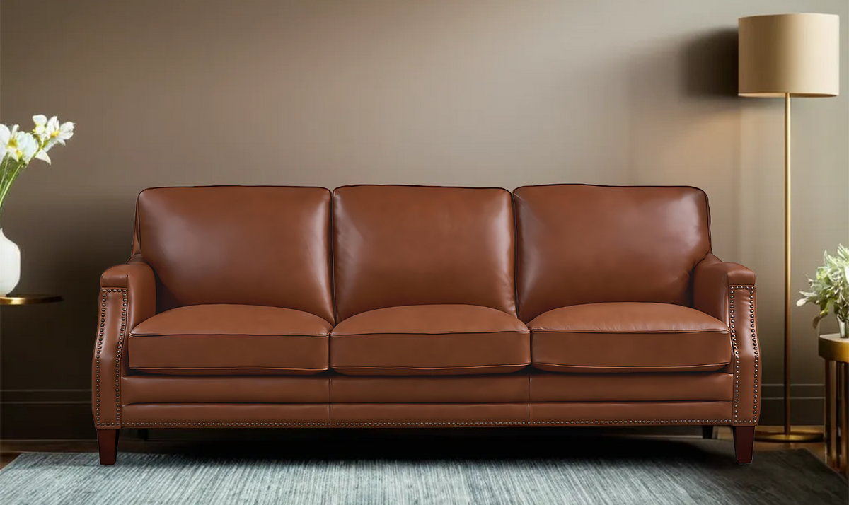 Camano 3 Seater 84" Leather Sofa With Nail-Head Finish