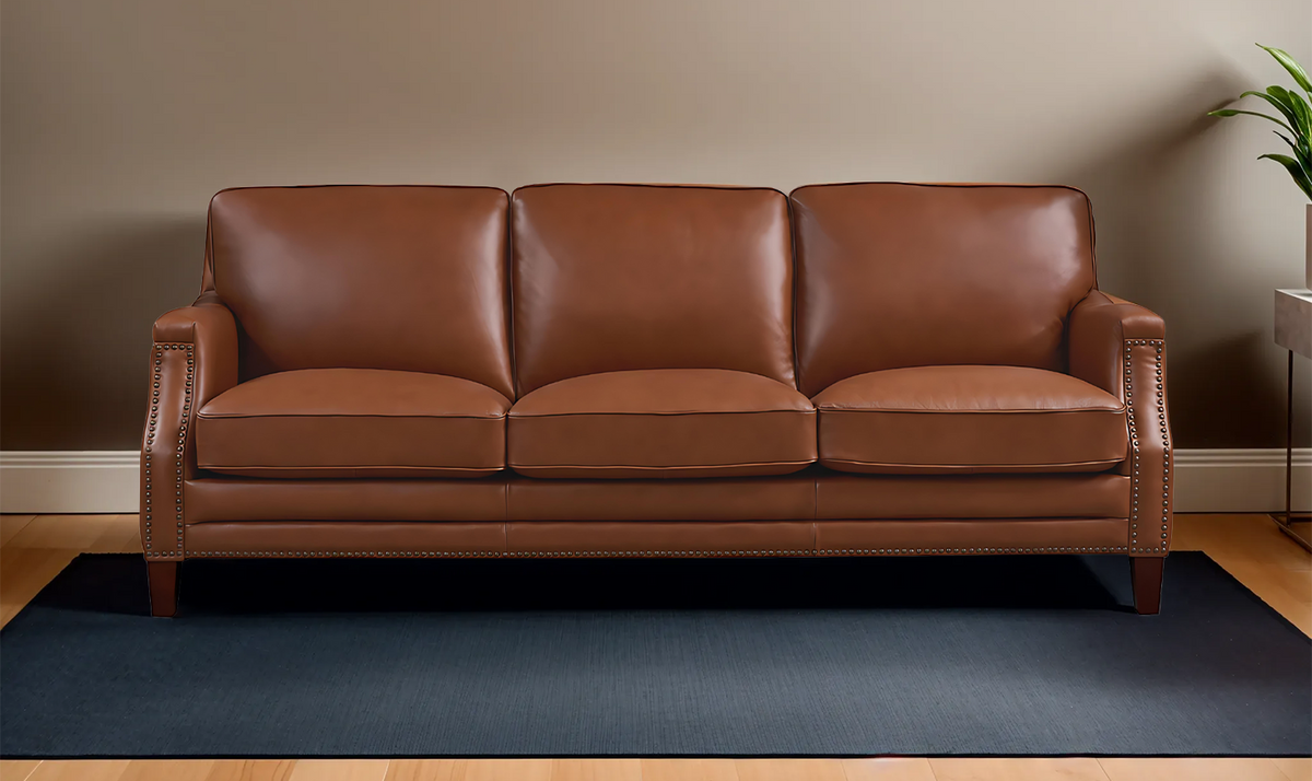 Camano 3 Seater 84" Leather Sofa With Nail-Head Finish
