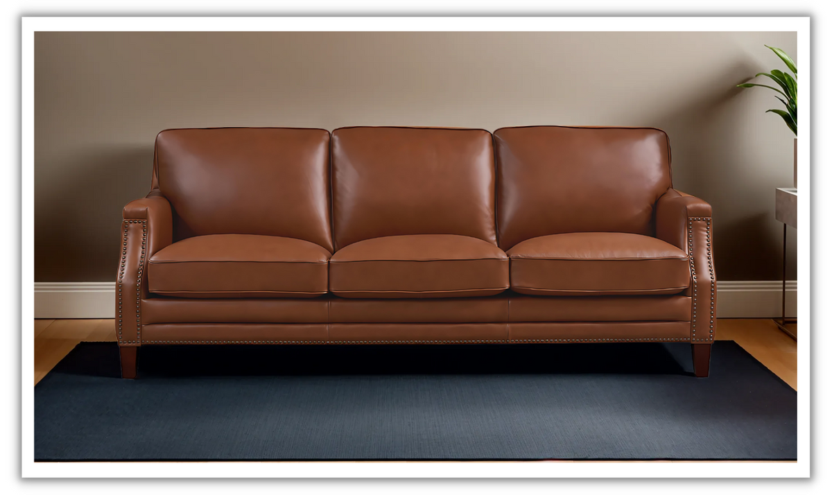 Camano 3 Seater 84" Leather Sofa With Nail-Head Finish