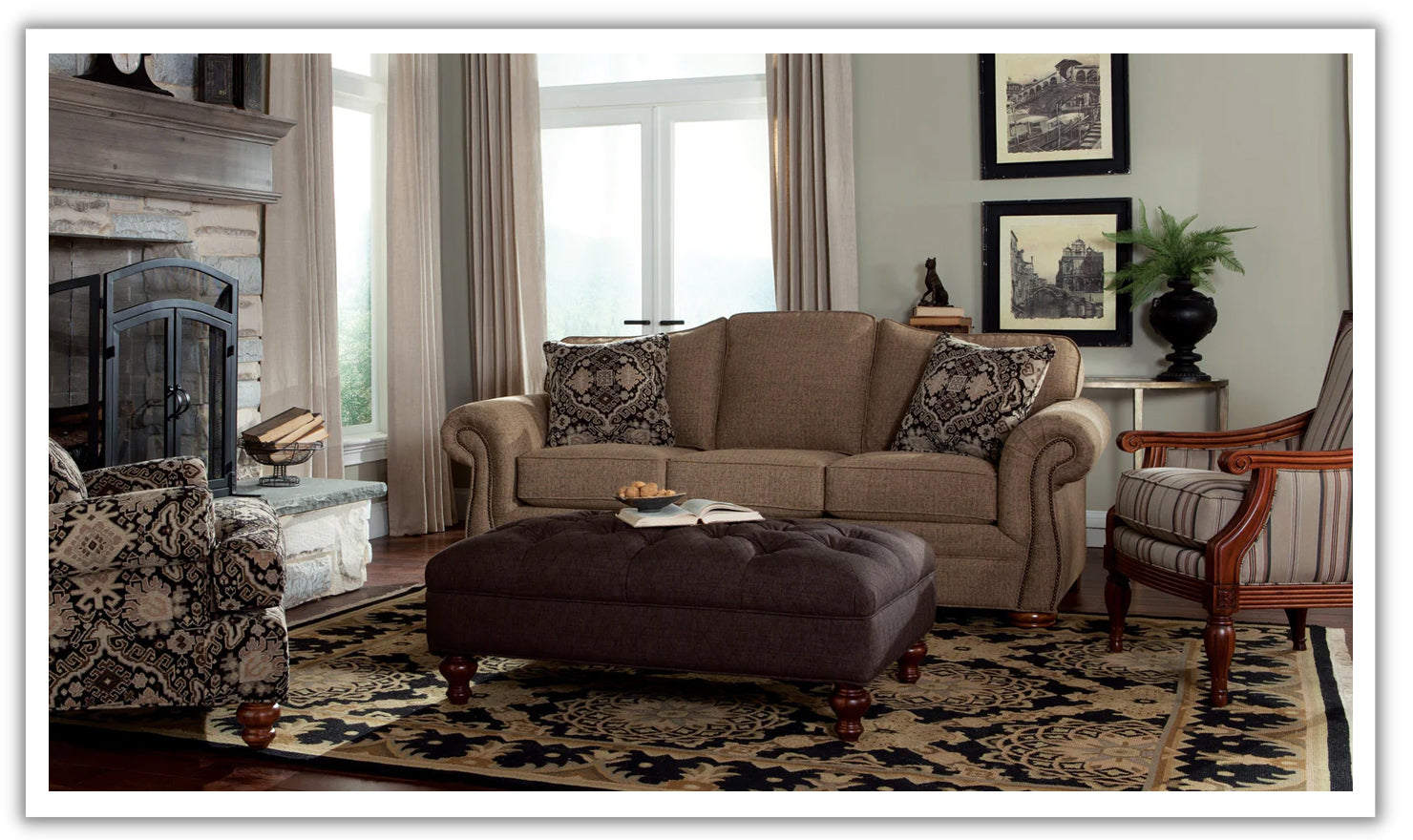 Fabric Sofa with Rolled Arms and 3-Seater Design
