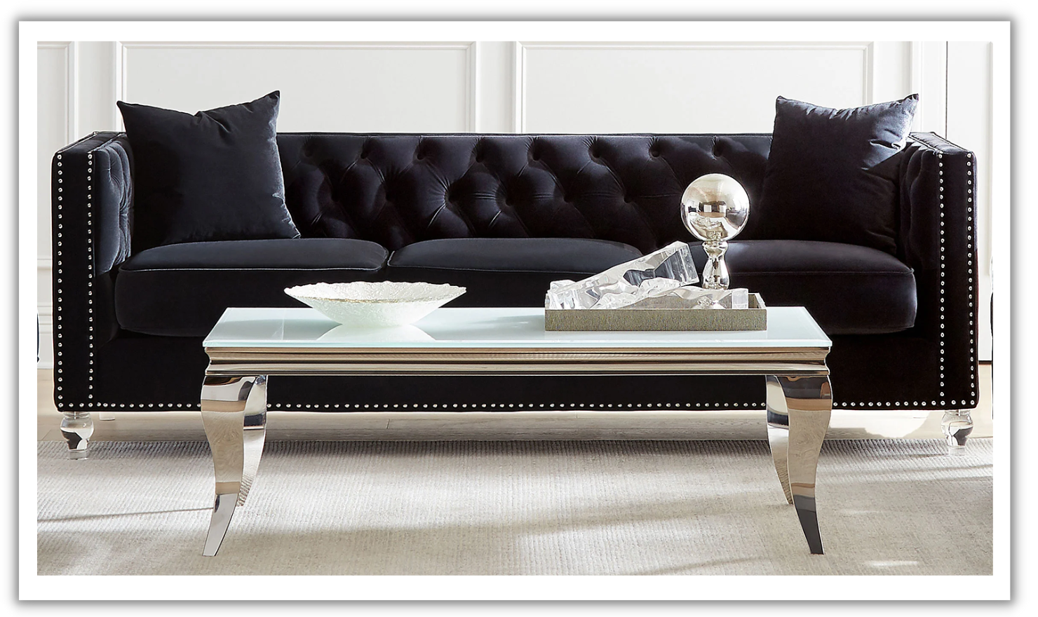 3-Seater Black Tufted Sofa with Nailhead Detail