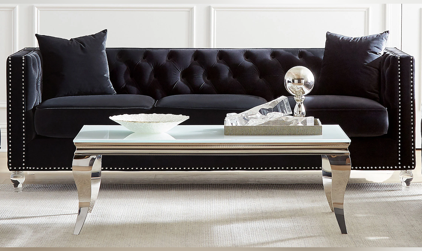 3-Seater Black Tufted Sofa with Nailhead Detail