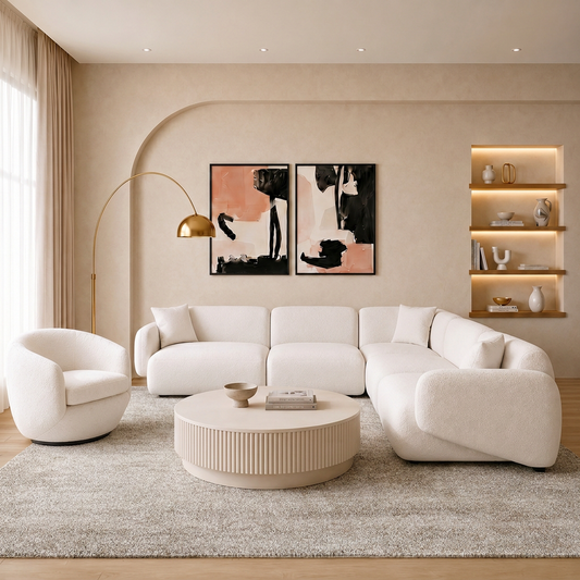 Lounge Chair in Off White with Curved Back Design