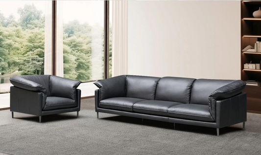 3-Seater Leather Sofa with Down Cushions in Black