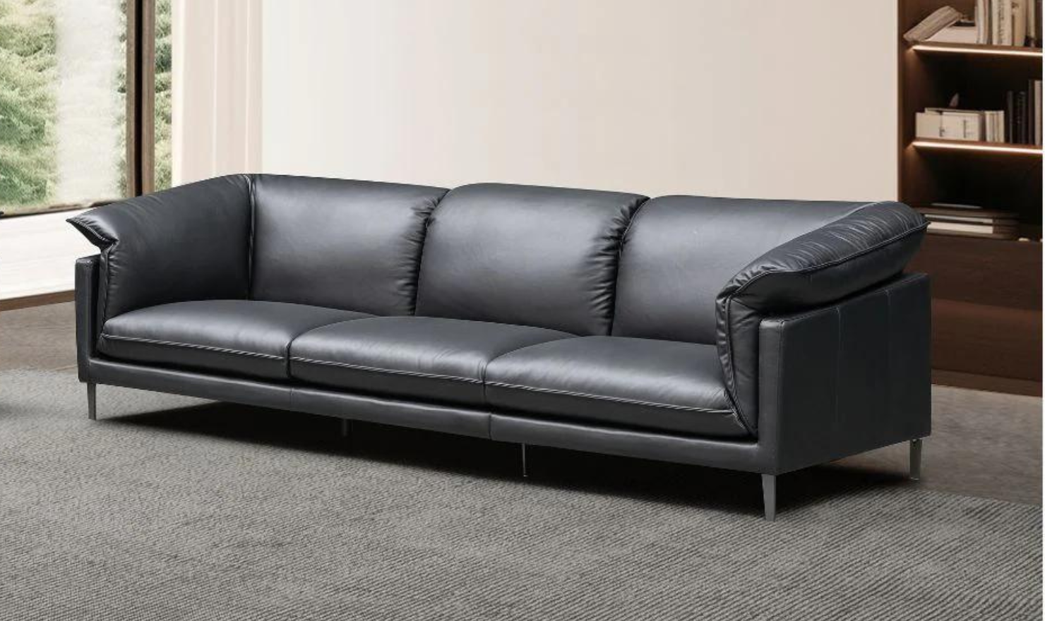3-Seater Leather Sofa with Down Cushions in Black