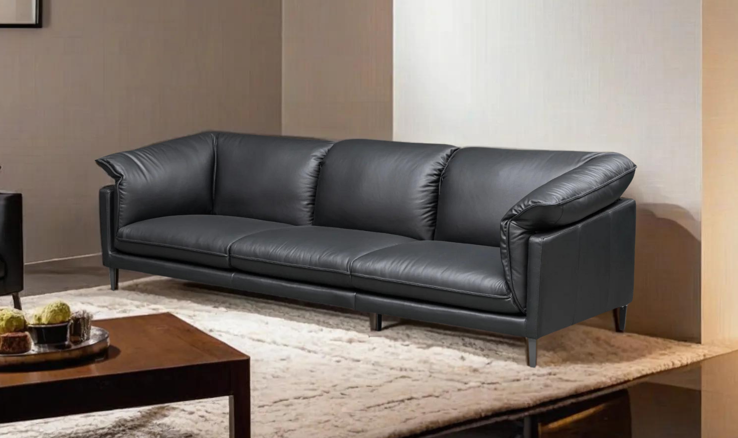 3-Seater Leather Sofa with Down Cushions in Black