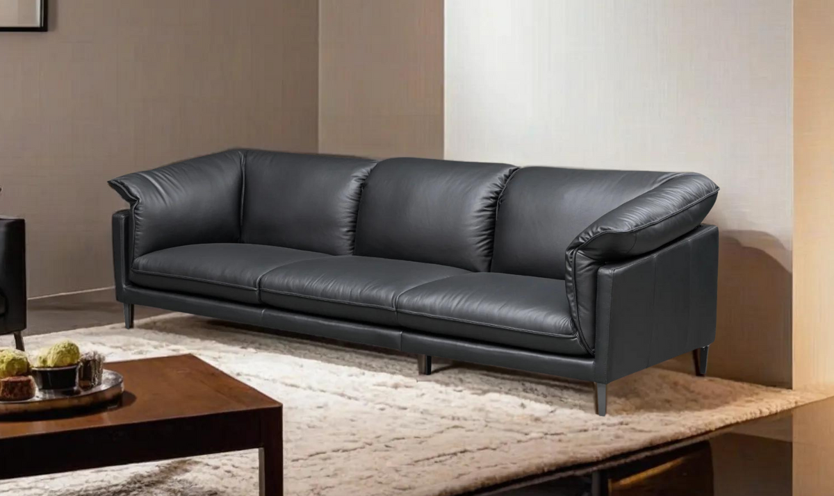 3-Seater Leather Sofa with Down Cushions in Black