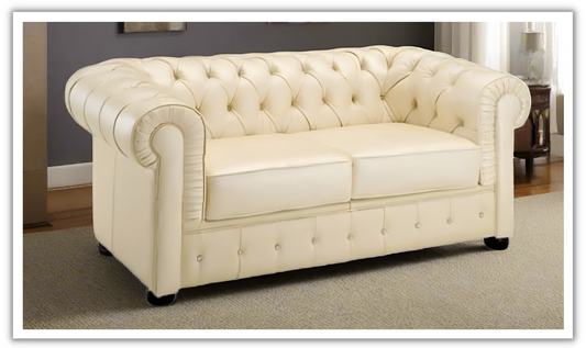 2-Seater Tufted Back Leather Sofa in Ivory