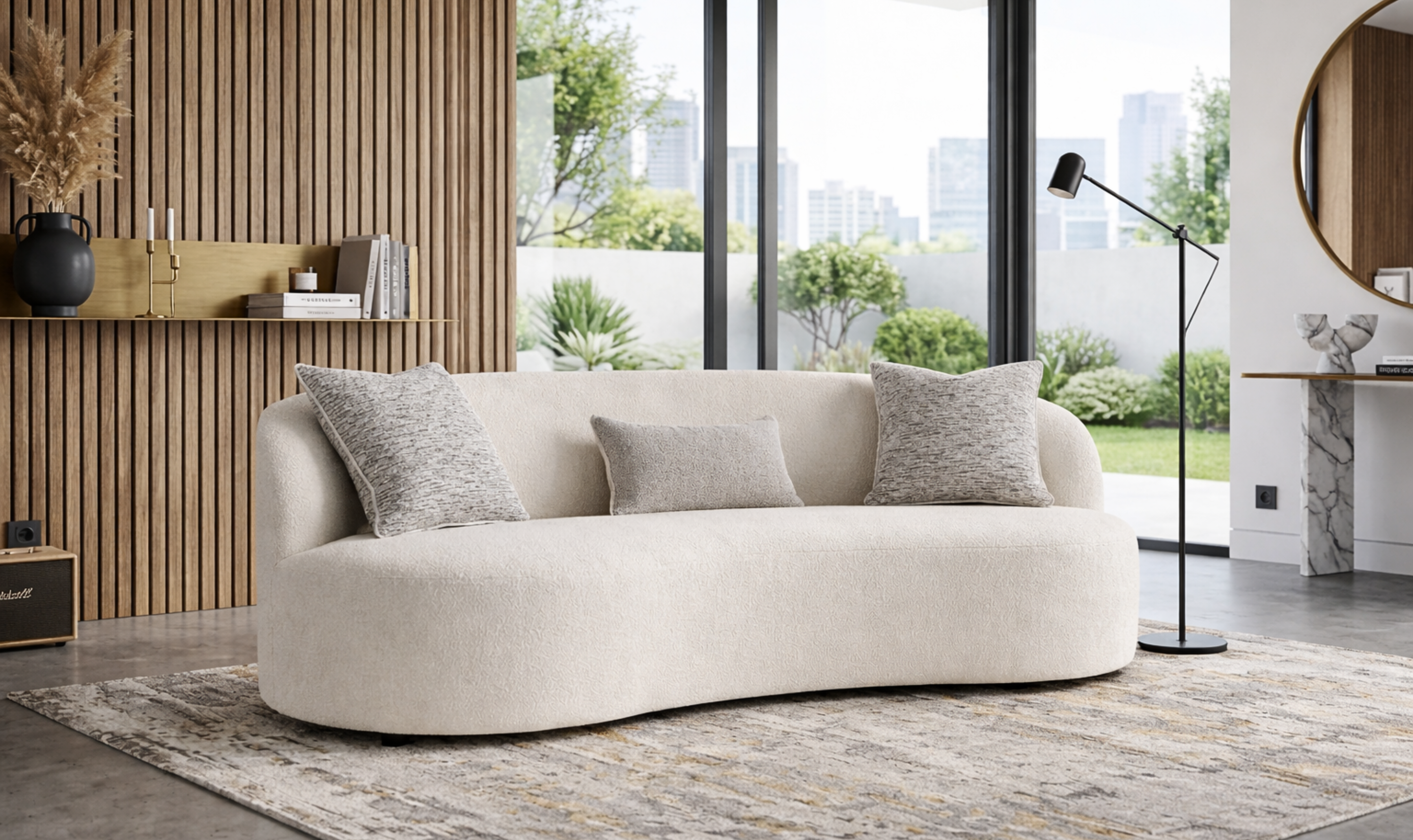 Fabric 3-Seater Sofa in White with Feather Down Cushions