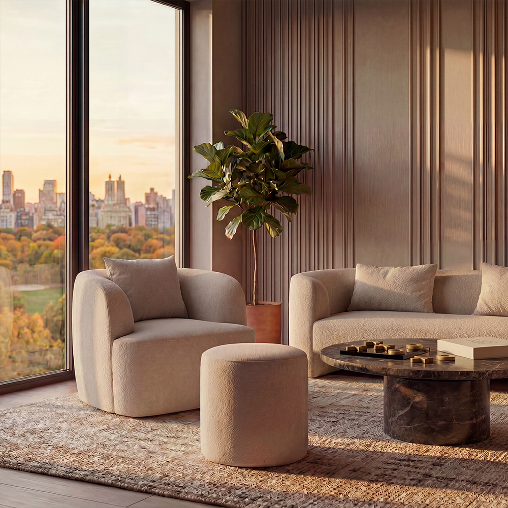 Ottoman in Greige Boucle with Textured Fabric
