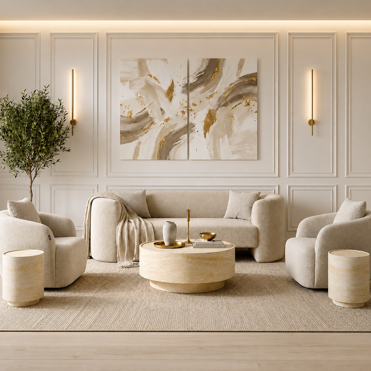 3 Seater Sofa in Greige Boucle with Curved Arms