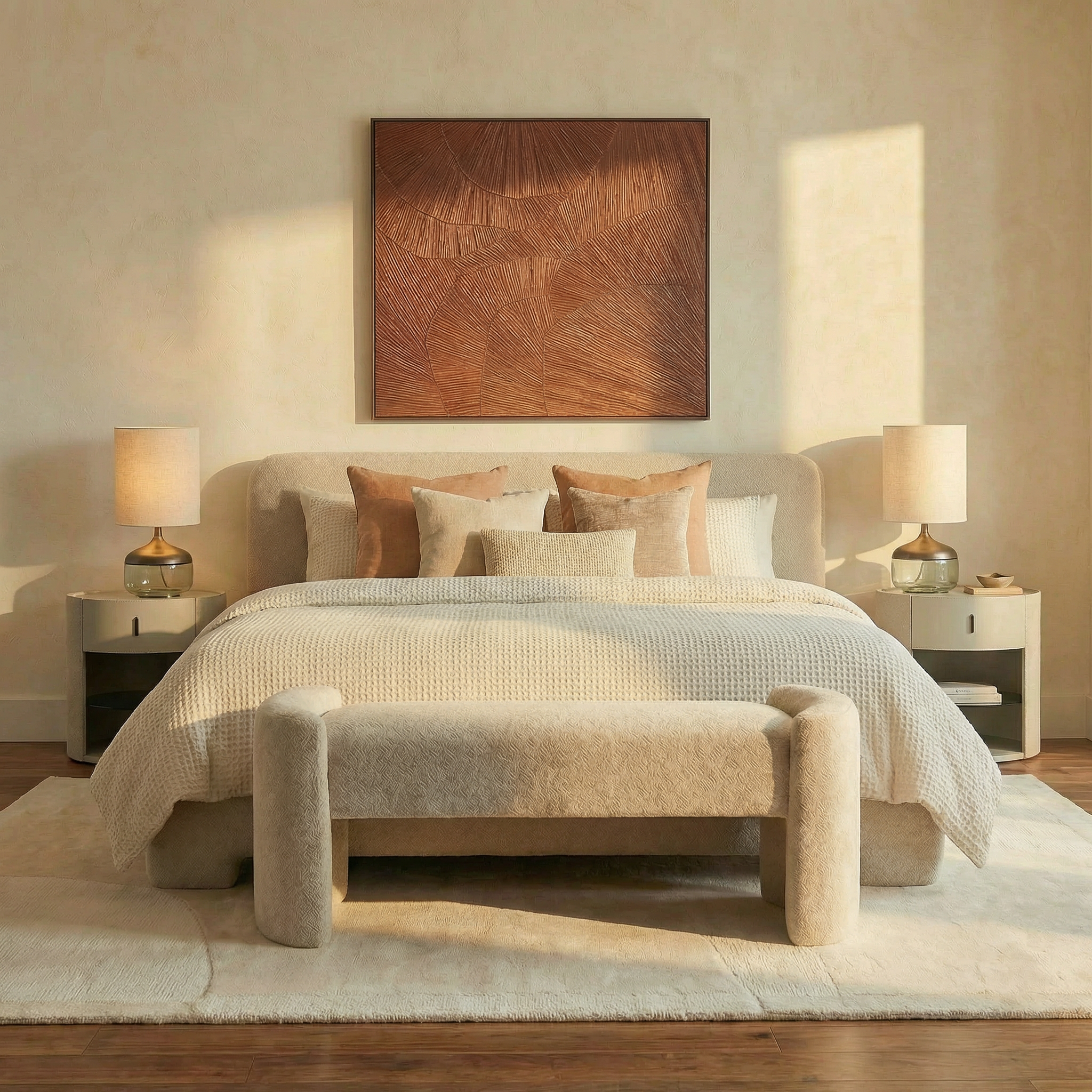 Elora Bench in Greige Boucle Fabric