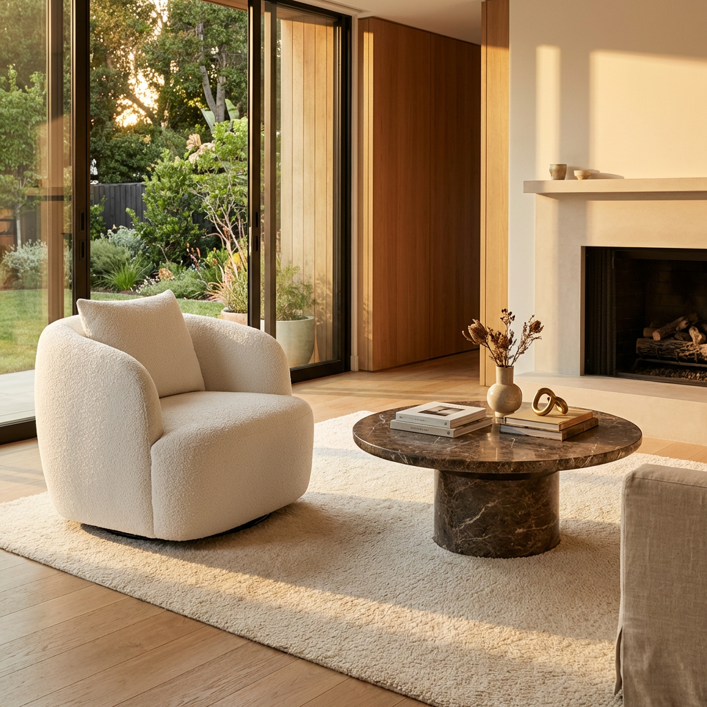 Lounge Chair in White Boucle with Curved Back Design