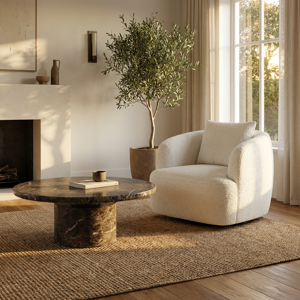 Lounge Chair in White Boucle with Curved Back Design