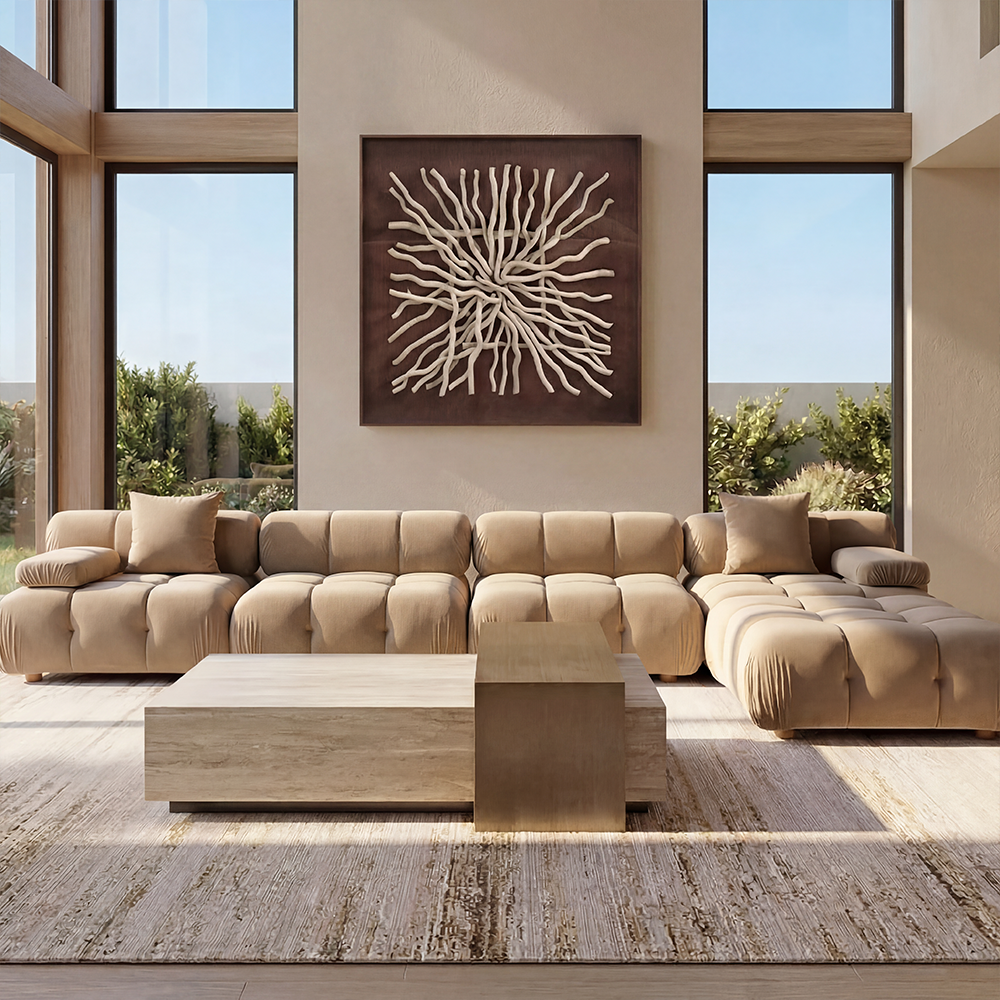 Large Sectional Sofa in Camel Velvet with Deep Seating