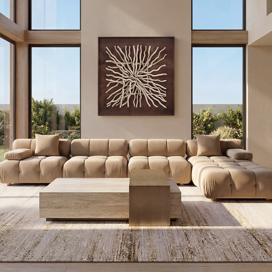 Large Sectional Sofa in Camel Velvet with Deep Seating