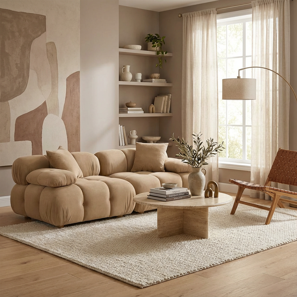 2-Piece Sofa in Camel Velvet with Sleek Design