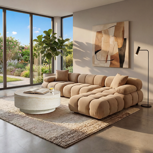 Sectional Sofa in Camel Velvet with Sleek Design