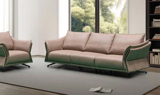 3-Seater Brown Leather Sofa with Attached Back Cushion