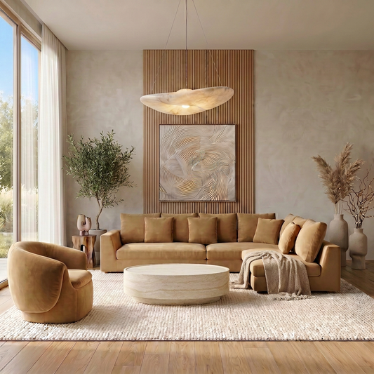 Sectional Sofa in Camel Velvet with Sleek Armrests