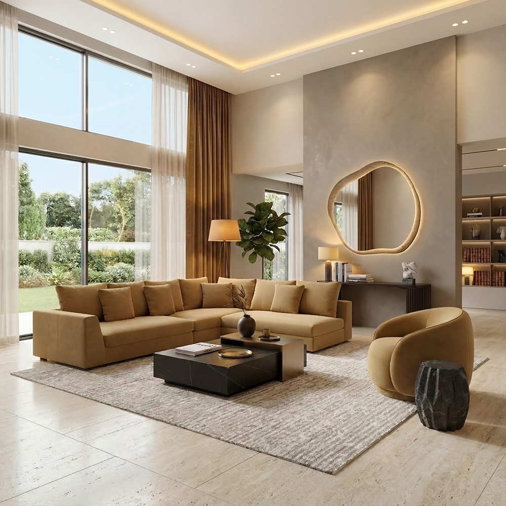 Sectional Sofa in Camel Velvet with Sleek Armrests
