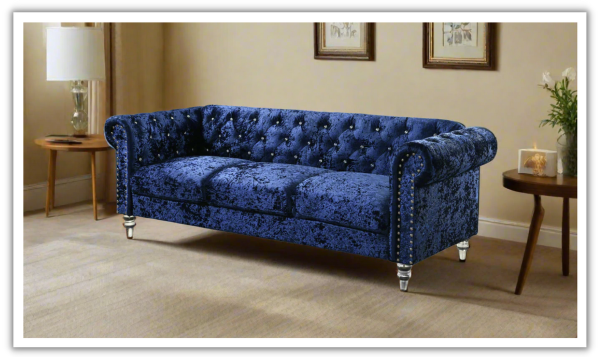 3-Seater Tufted Velvet Sofa with Crystal Accents
