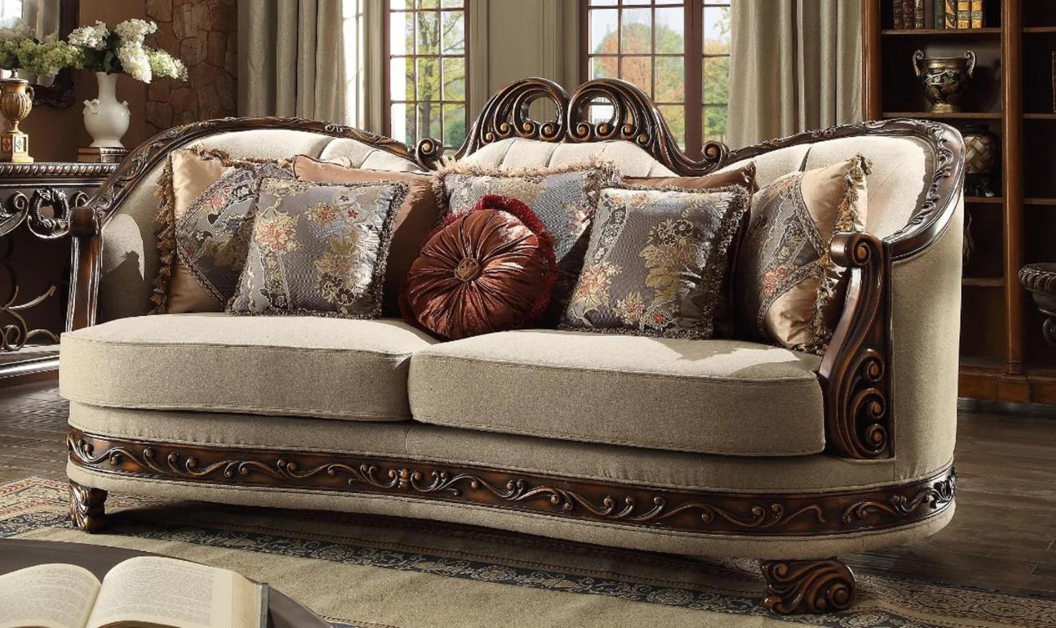 Fabric Sofa in Dark Red Mahogany with Antique Gold Accents