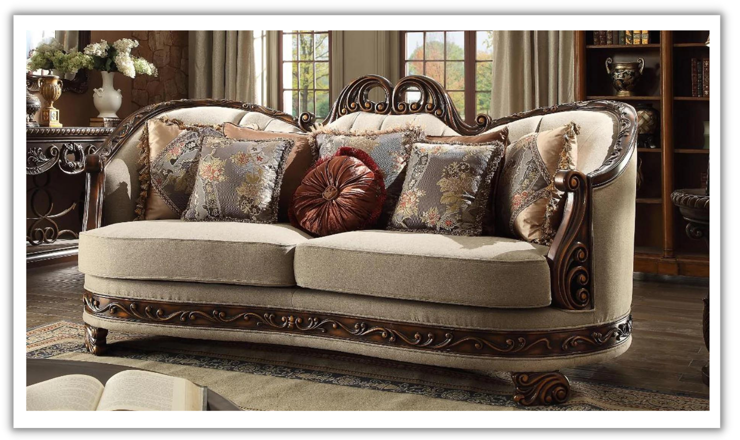 Fabric Sofa in Dark Red Mahogany with Antique Gold Accents