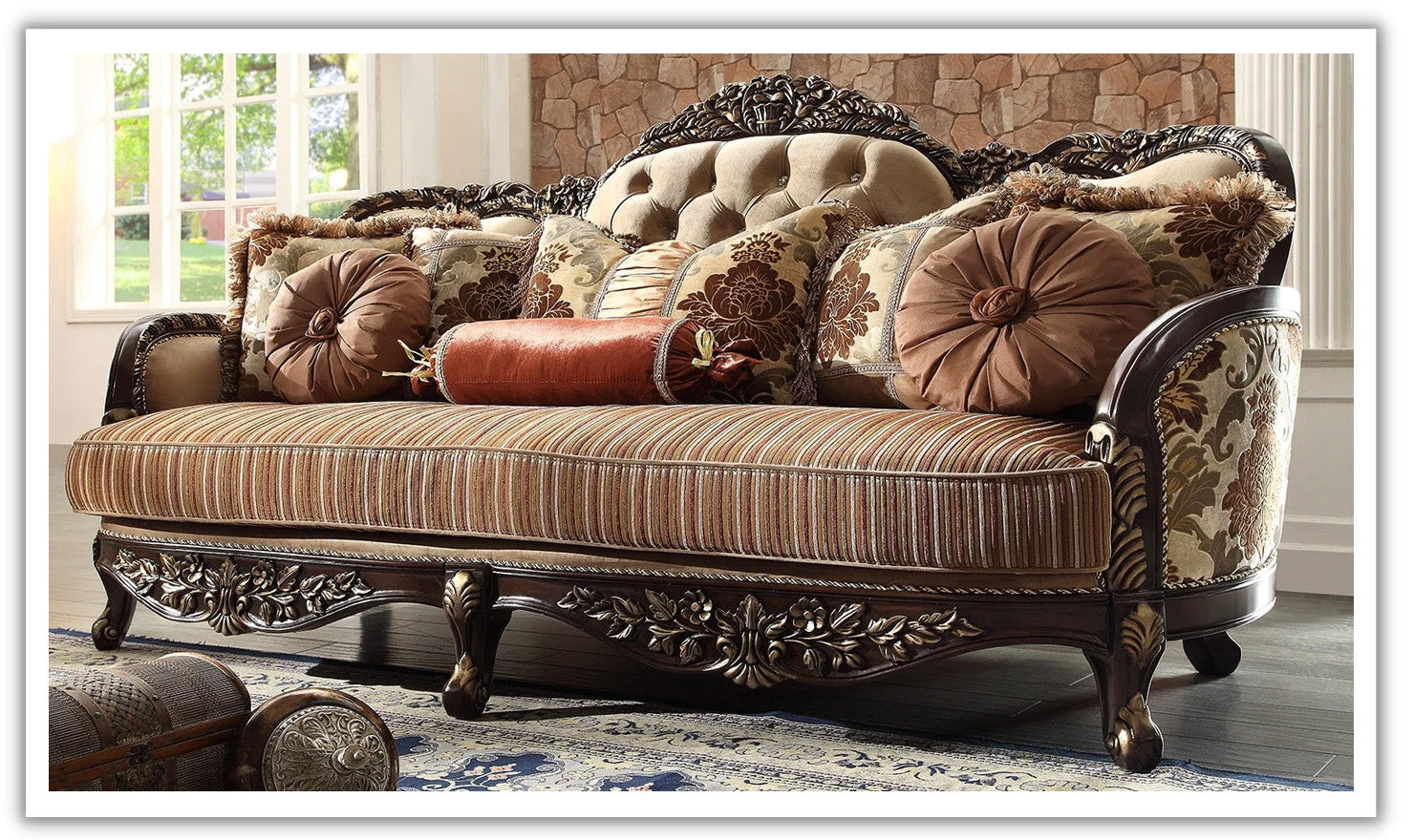 Sofa with Velvet Upholstery and Elegant Curved Arms