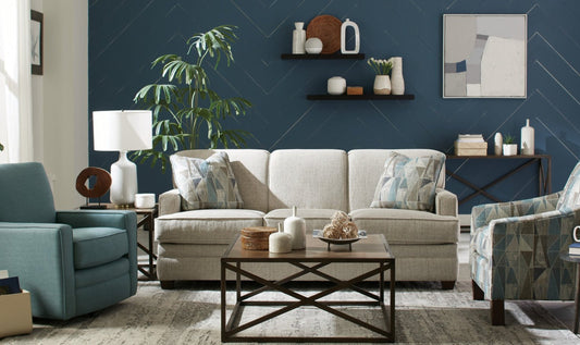 Sofa in Fabric with Tufted Back and Wooden Legs