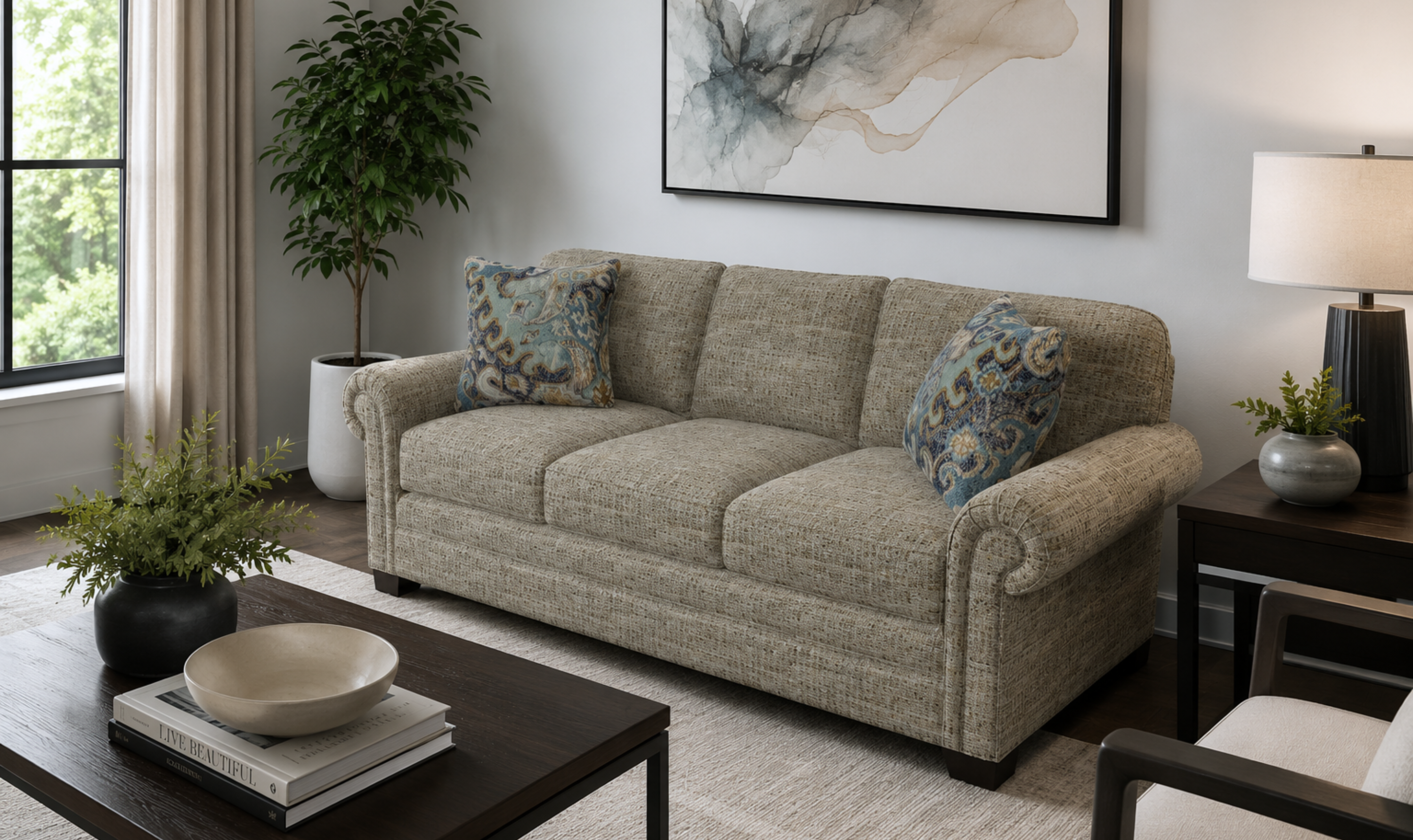 Parkston Sofa Set in Soft Grey Fabric with Clean Lines