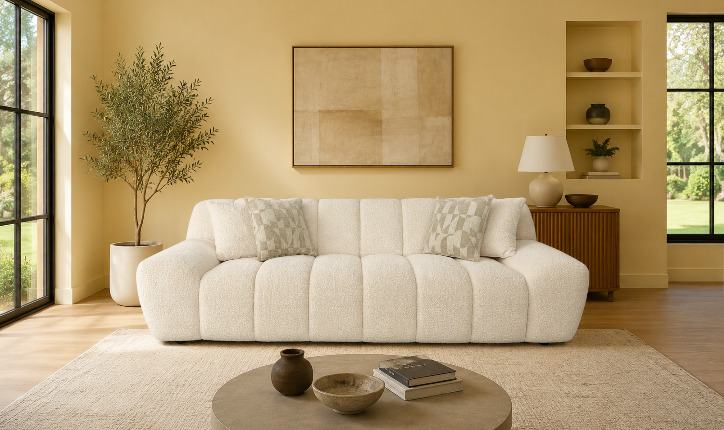Bouclé Fabric Sofa with Deep Tufted Seats and Square Arms
