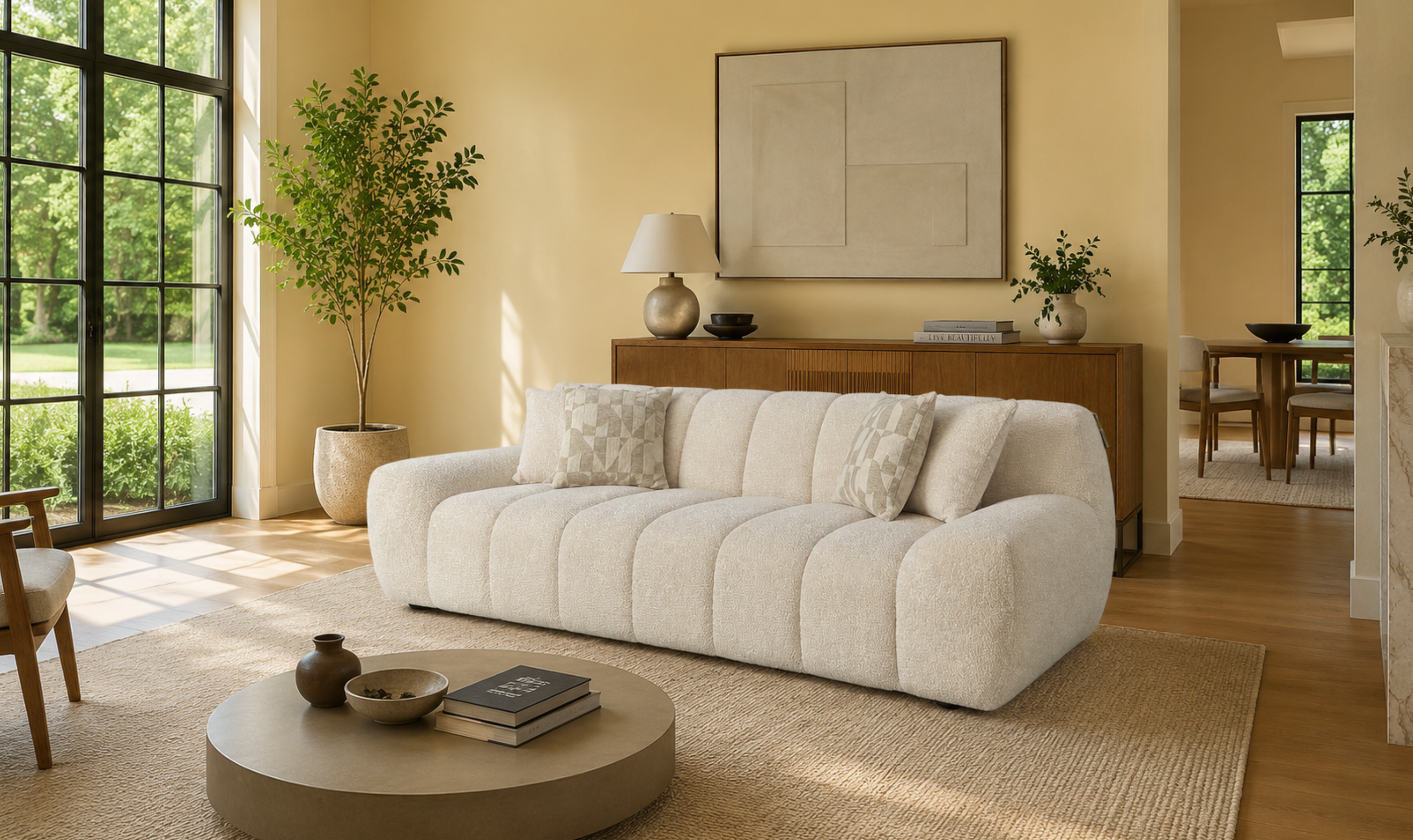 Bouclé Fabric Sofa with Deep Tufted Seats and Square Arms