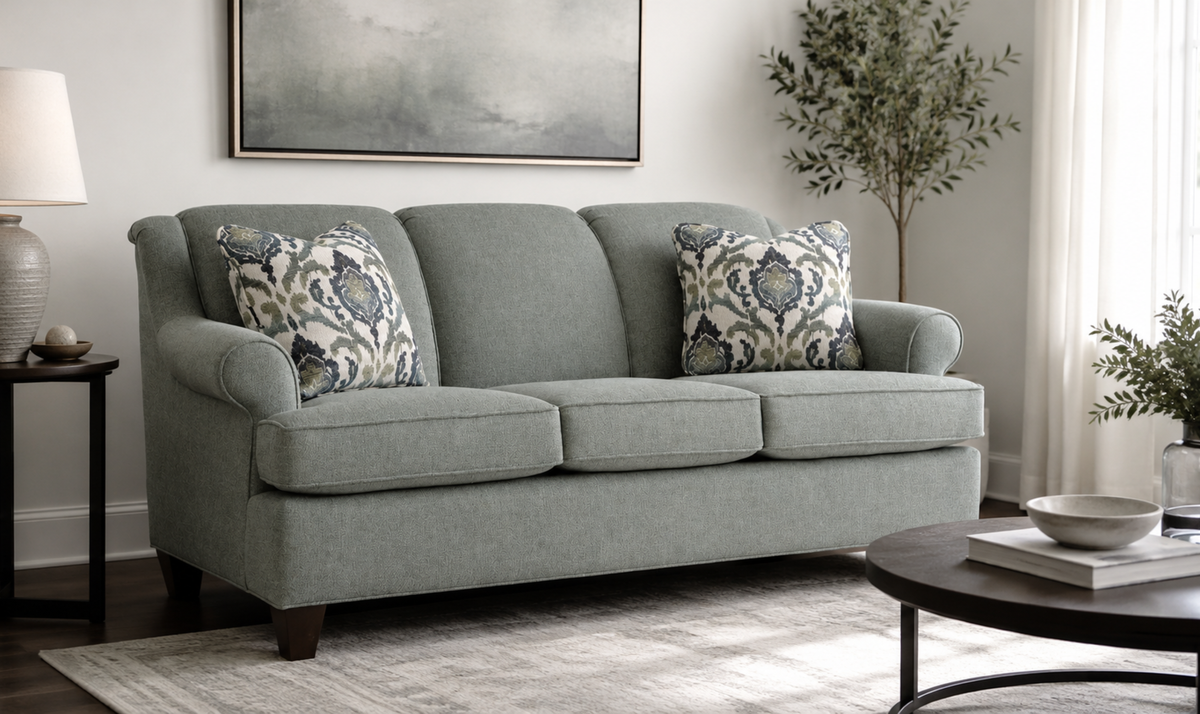 Delmont Sofa in Rich Fabric with Elegant Curved Arms