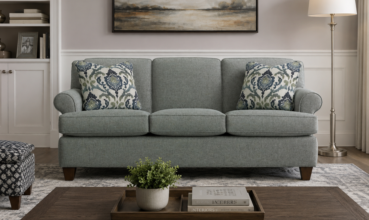 Delmont Sofa in Rich Fabric with Elegant Curved Arms