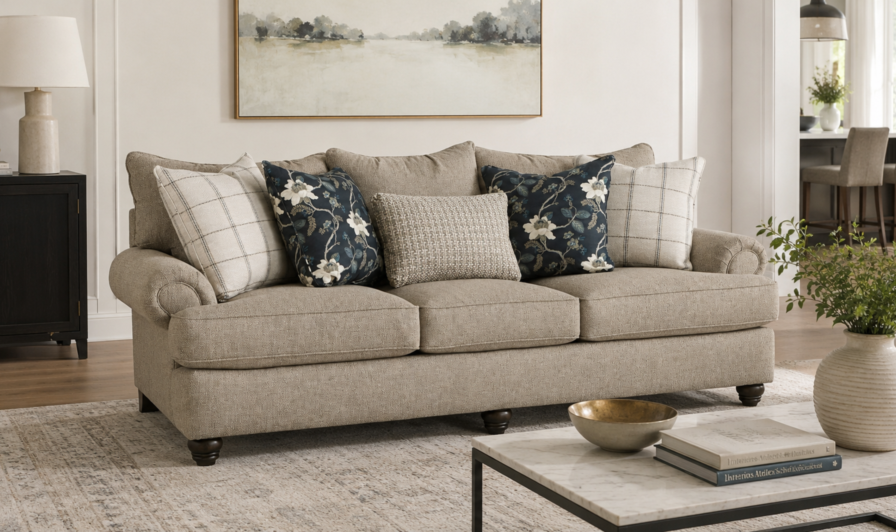 Sofa in Kensington Style with Plush Velvet Upholstery
