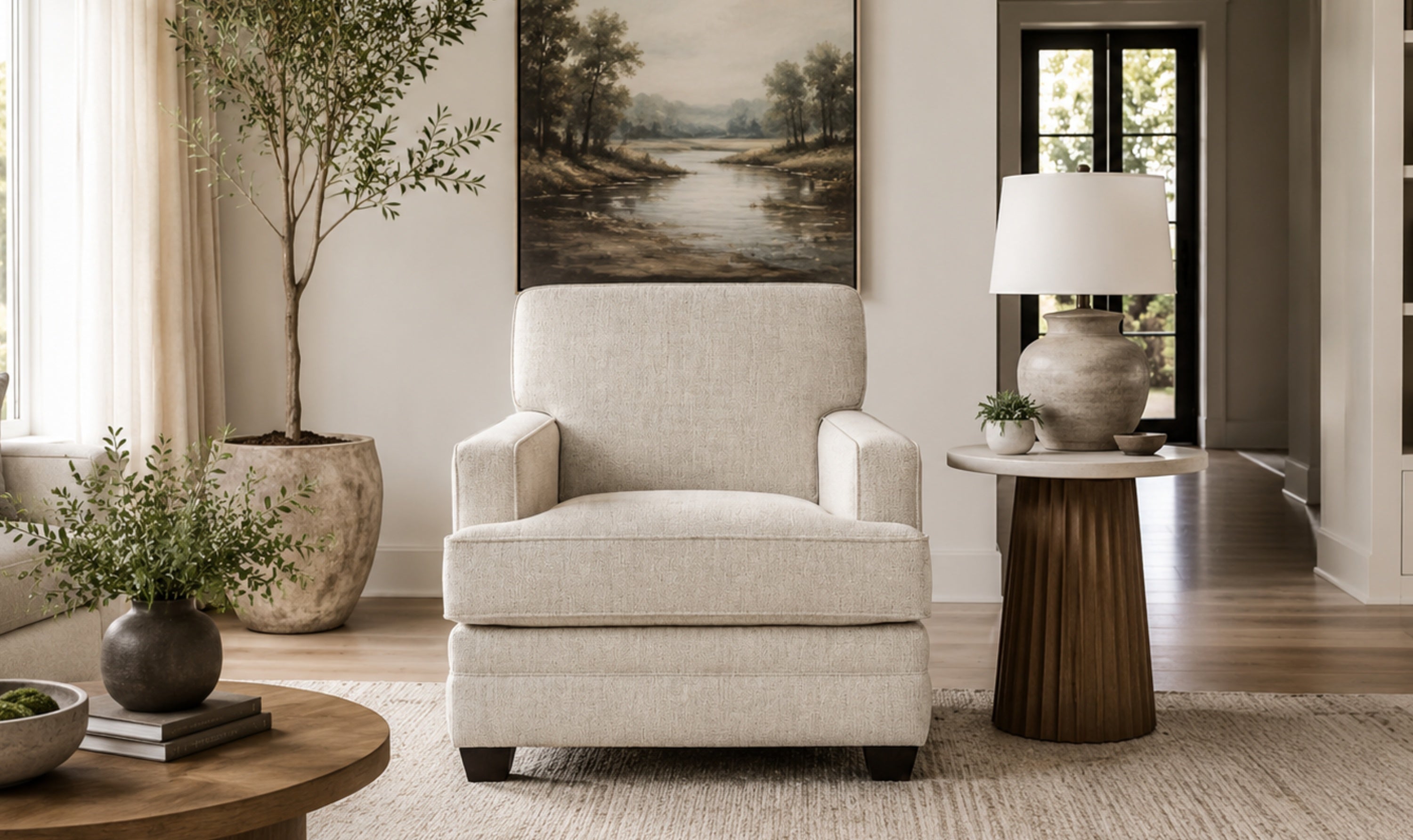 Sofa in Fabric with Tufted Back and Wooden Legs