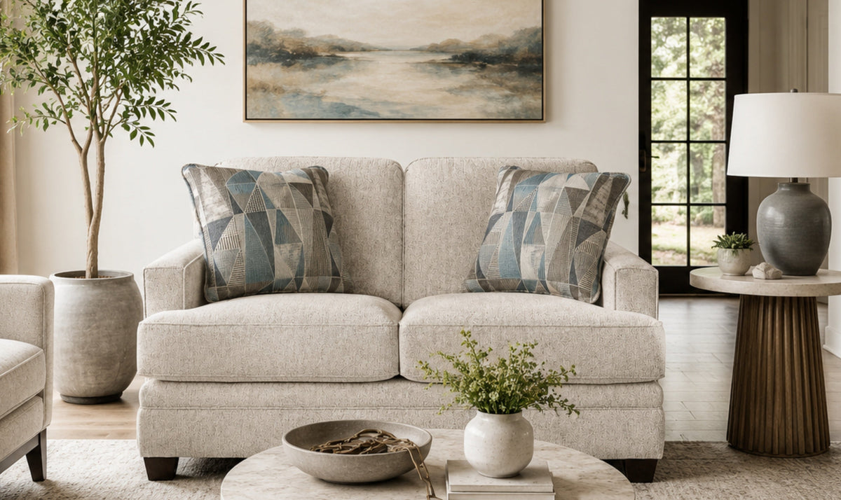 Sofa in Fabric with Tufted Back and Wooden Legs