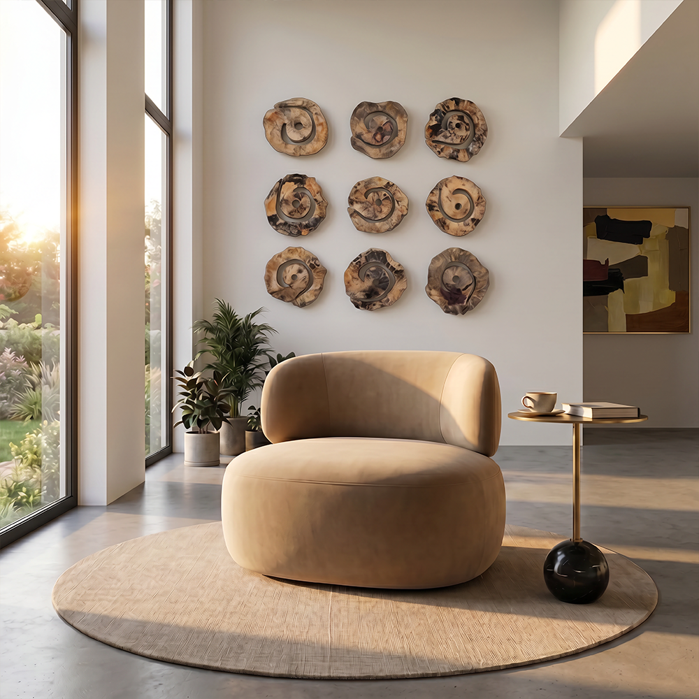 Swivel Lounge Chair in Beige Velvet with Curved Design