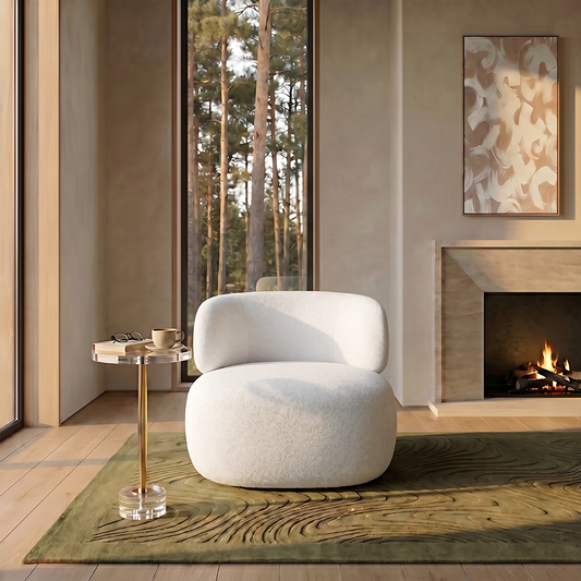 Swivel Lounge Chair in White Boucle with Curved Back