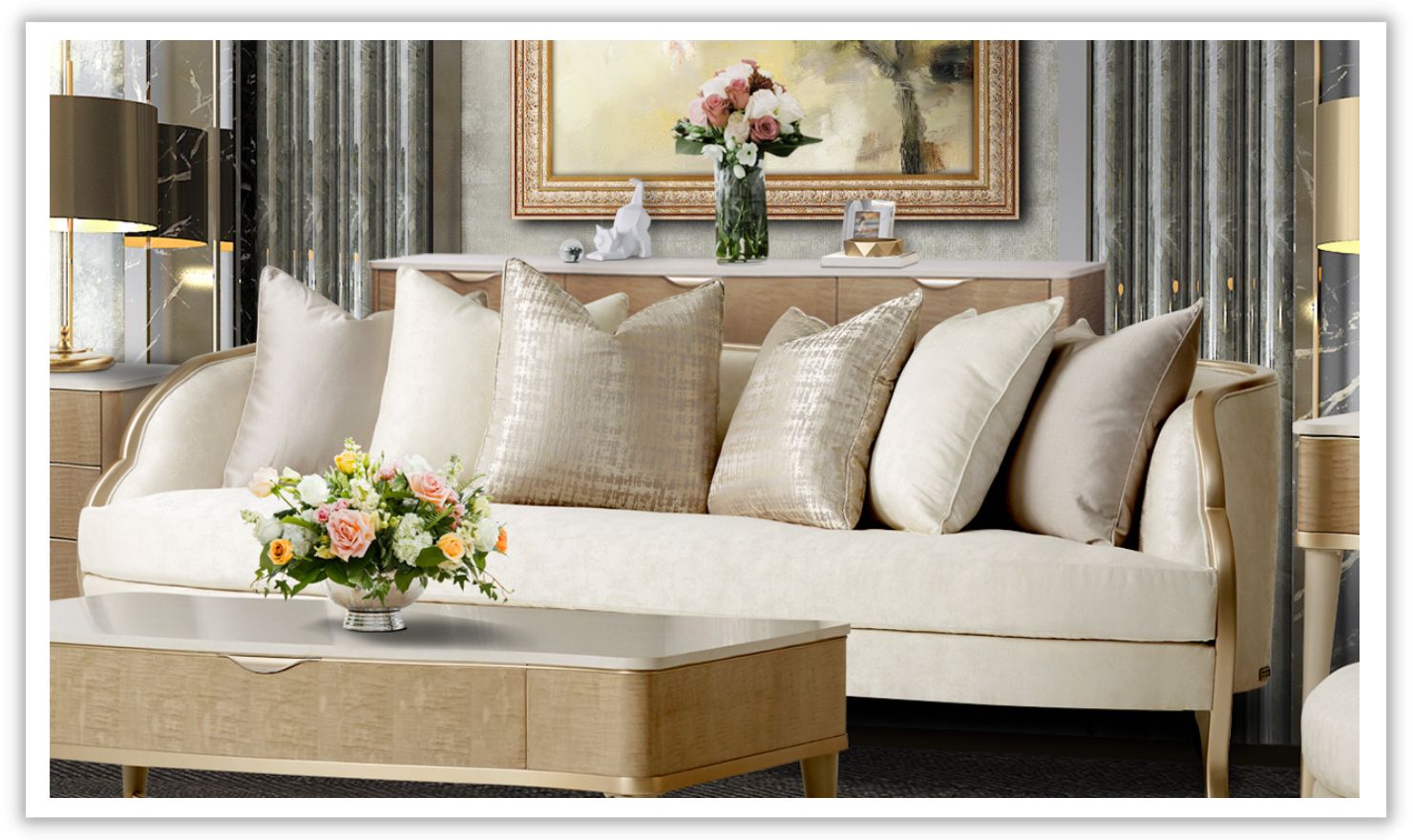 Malibu Crest 3-Seater Velvet Sofa with 6 Accent Pillows