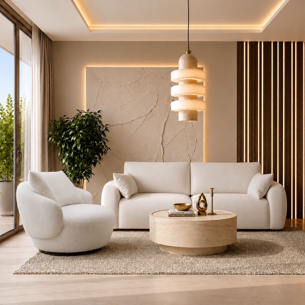 Swivel Lounge Chair in Beige with Curved Back Design