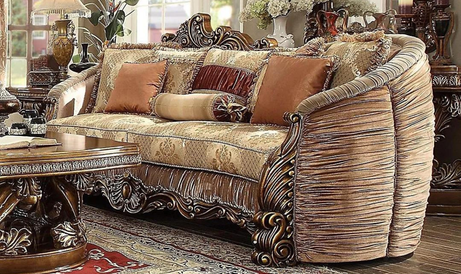 Fabric Sofa in Antique Gold with Tufted Back Design