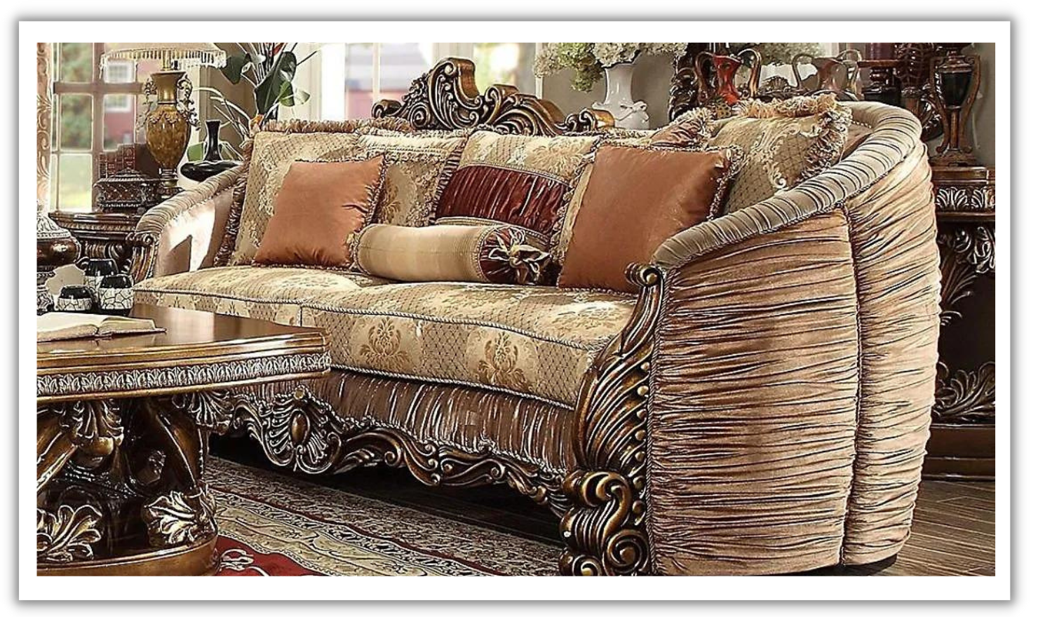 Fabric Sofa in Antique Gold with Tufted Back Design