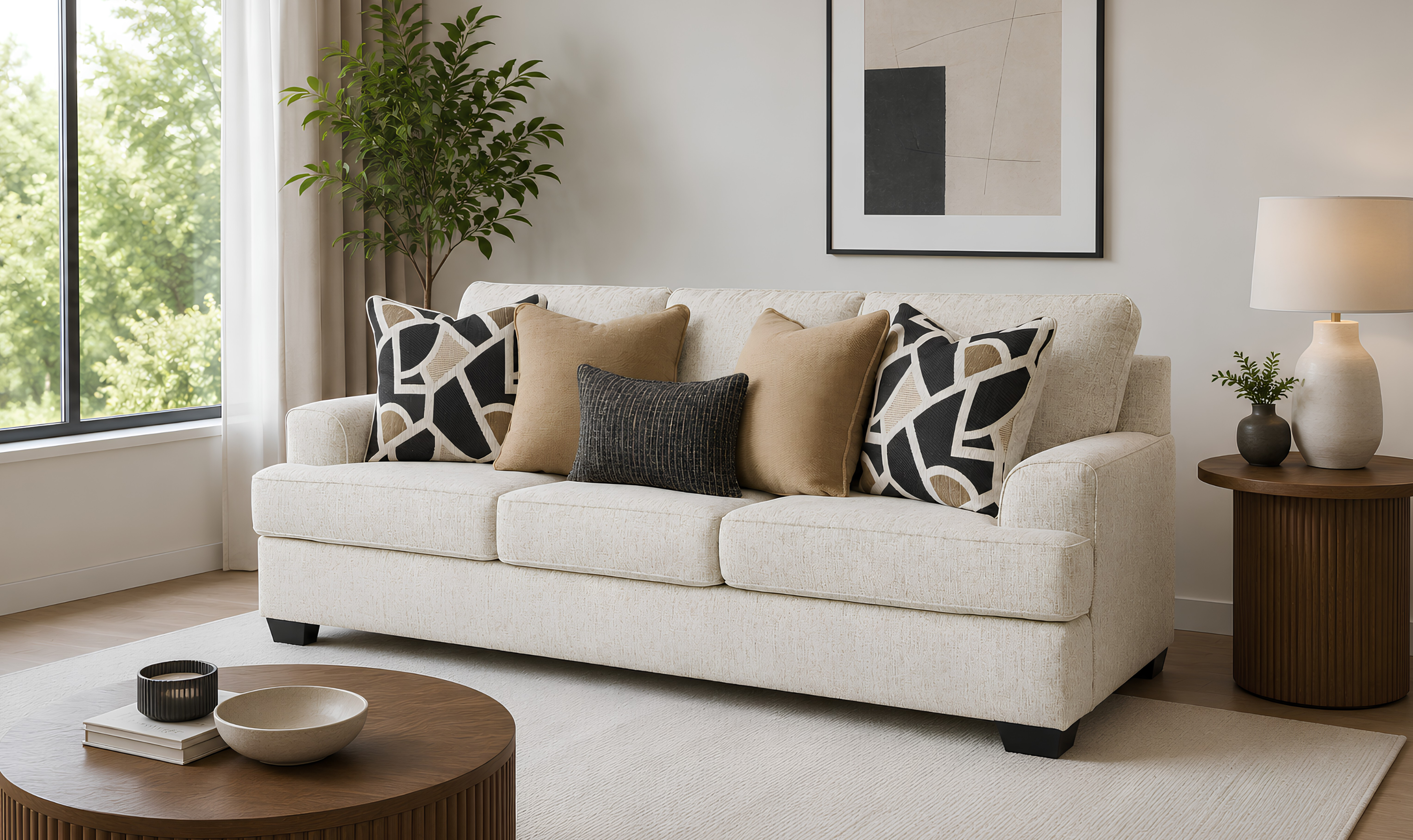 Heartcort 3-Seater Fabric Sofa with Track Arms and 5 Pillows