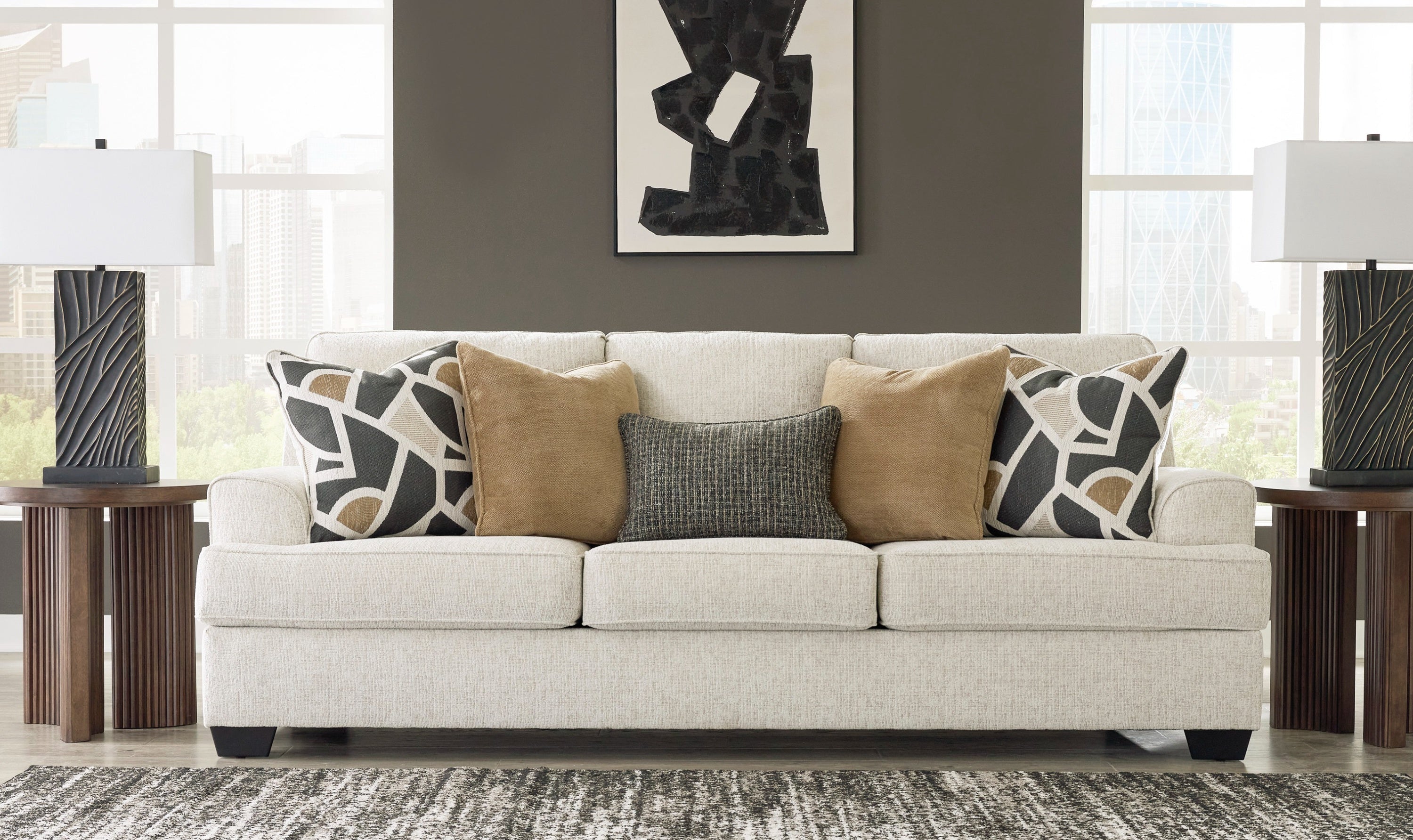 Heartcort 3-Seater Fabric Sofa with Track Arms and 5 Pillows