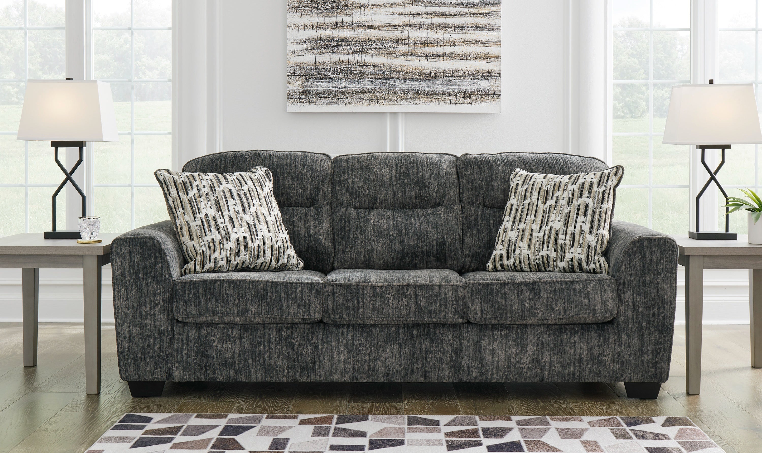 3-Seater Fabric Sofa with Cushion Arms and Modern Heritage Design